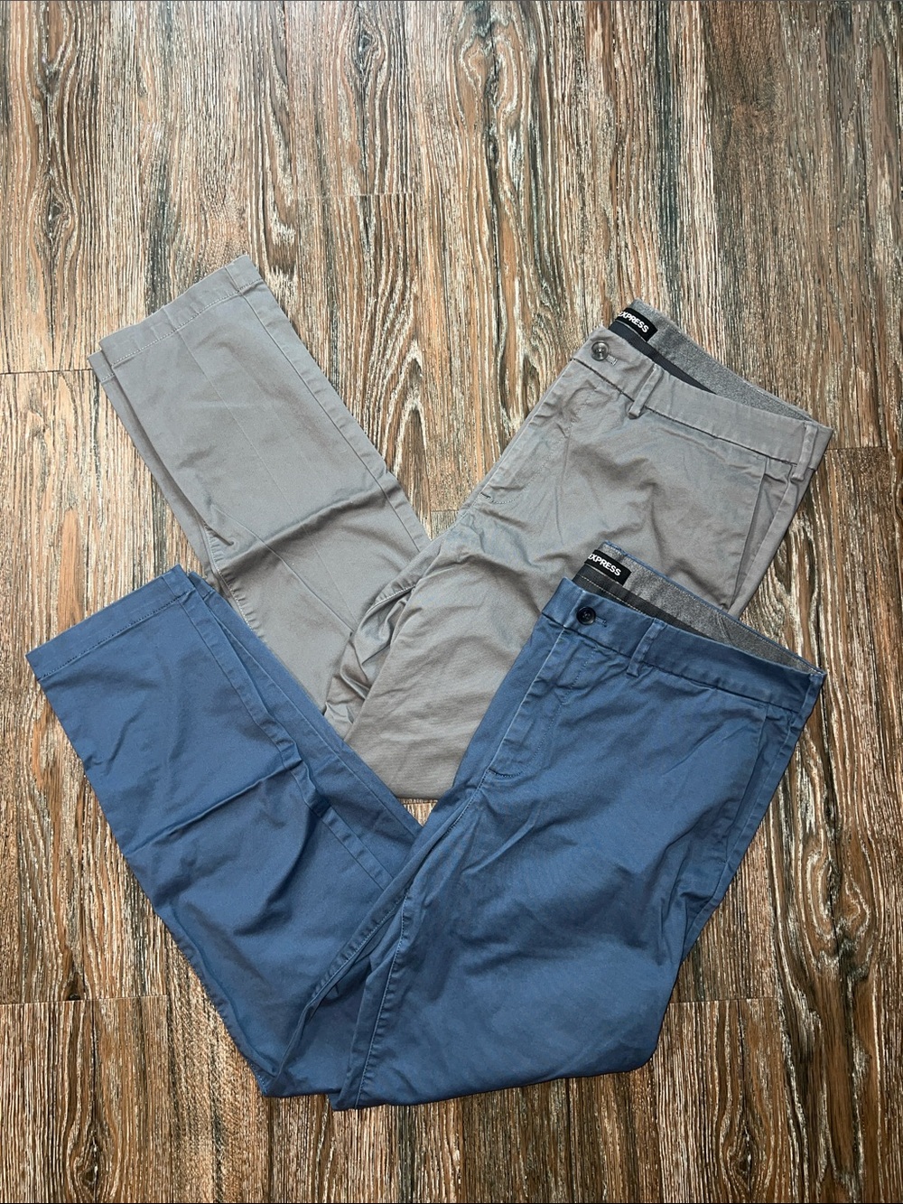 Express Men’s Skinny Stretch Chino Pants Bundle 36x32 in Blue and Light Gray